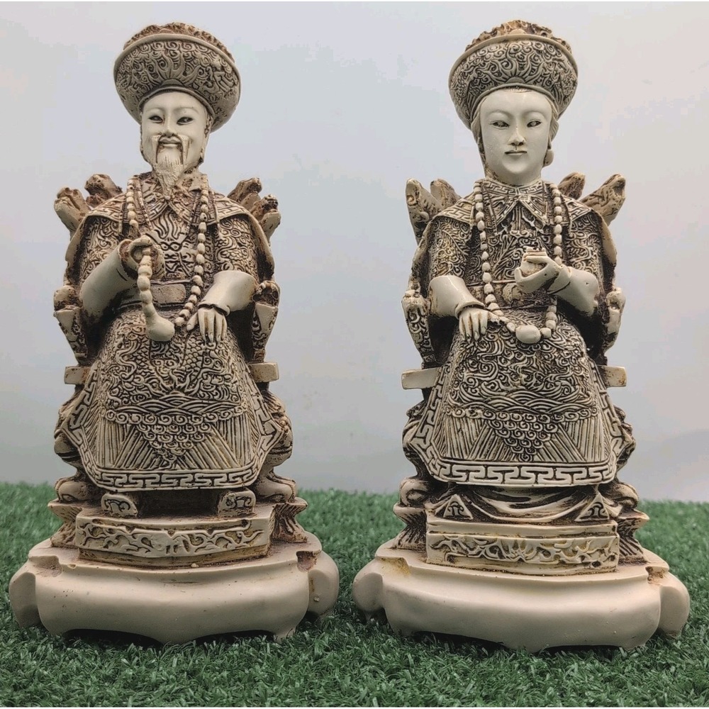 VTG Chinese Emperor & Empress Pair Asian Figure Couple Statues Resin Hand Carved